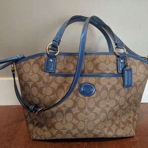 Authentic Coach Waxed Canvas Tote Bag Blue Trim